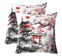 Loussiesd Cherry Blossoms Throw Pillow Covers 60x60cm Set of 2 Kids Japanese Style Building Tree Cushion Case for Boys Girls Sunset Fuji Mountain Decor Spring Sakura Flower Decor Pillowcase Home Decor
