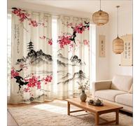 Loussiesd Cherry Blossoms Window Curtains for Bedroom Living Room Japanese Fuji Mountain Curtains for Kids Boys Girls Japanese Style Window Drapes Watercolor Vintage Window Treatments,W66*L72