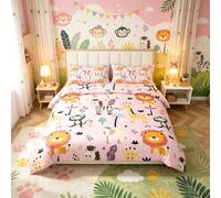 Loussiesd Children's Animal Bedding Lion Monkey Bedding Set Girls' Giraffe Elephant Zebra Down Duvet Set Double Cute Zoo Animal Pattern Bedding Set with 2 Pillowcases Pink