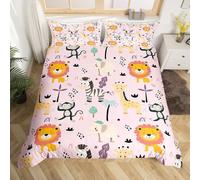 Loussiesd Children's Animal Bedding Lion Monkey Bedding Set Girls' Giraffe Elephant Zebra Down Duvet Set Junior/Cot Bed Cute Zoo Animal Pattern Bedding Set Comes with 1 Pillowcase Pink