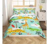 Loussiesd Children'S Animal Theme Down Duvet Set King Giraffe Tiger Crocodile And Printed Bedding Zoo Trees And Plants Decorative Bedding Set For Girls Boys And Teenagers