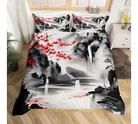 Loussiesd Chinese style Duvet Cover single water color mountain print bedding set cherry blossom plum blossom red bedding set mountain painting background decoration