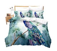 Loussiesd Chinoiserie Chic Peacock Duvet Cover Garden Botanical Bird and Tree Branches Vintage Stylized Bedding Set Tribal Peacock Feathers Decorative Comforter Cover with 2 Pillow Shams Double Blue