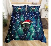 Loussiesd Christmas Cat Duvet Cover Junior/Cot Bed Size Funny Black Cat Bedding Set Breathable Soft Xmas Tree Comforter Cover 2Pcs Blue Snowflake Bedroom Decor