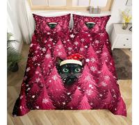 Loussiesd Christmas Cat Duvet Cover Junior/Cot Bed Size Funny Black Cat Comforter Cover for Boys Girls Xmas Tree Bedding Set 2Pcs Pink Snowflake Room Decor
