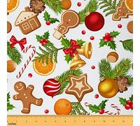 Loussiesd Christmas Fabric by The Yard, New Year Gingerbread Cookies Bells Theme Upholstery Fabric for Chairs and Home DIY Projects, Candy Cane Pattern Decora Waterproof Outdoor, 1 Yard (L92*W150cm)