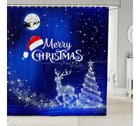 Loussiesd Christmas Shower Curtain Kids Girls Boys Teens Merry Xmas Fabric Shower Curtains Blue Cute Deer Bathroom Waterproof with 12 Hooks Reindeer Santa Claus Snowflakes Blue,59x71 Inch