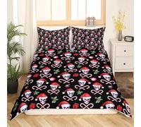 Loussiesd Christmas Sugar Skull Bedding Duvet Cover Set Room Decor Xmas Theme Candy Bedspread Cover Botanical Leaf Pattern Bedding Set Red Hats New Year Comforter Cover Set King Size Red Black