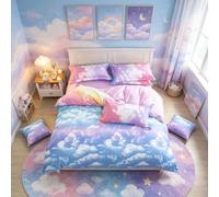 Loussiesd Cloud Sky Duvet Cover Set for Girls Rainbow Bedding Set Kids Comforter Cover Cute Lightweight Soft Pink and SkyBlue Bedroom Decor Lovely Teens Bedspread Cover King Size Zipper