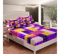 Loussiesd Colorful Toy Bedding Set Teen Women Men Funny Building Blocks Decoration Bed Sheets King Size Kids Boys Girls Purple Yellow Geometric Brick Fitted Sheet Set Cute Games Room Decor