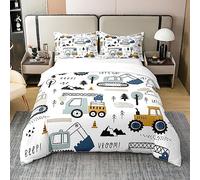 Loussiesd Construction 100% Cotton Duvet Cover,Cartoon Equipment Trucks Bedding Set,Car Excavator Tractor Vehicles White Comforter Cover Set,Double Size