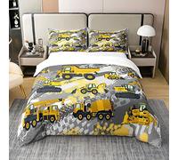 Loussiesd Construction Cotton Duvet Cover Set King Size Kids Boys Cartoon Car Comforter Cover Set Equipment Trucks Bedding Set Soft Breathable Excavator Tractor Vehicles Bed Set with Zipper Closure