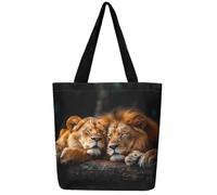 Loussiesd Couple Lion Canvas Tote Bags for Women Gifts Safari Print Large Capacity Shoulder Handbags Travel Beach Bag Wildlife Style Reusable Grocery Bag for Shopping Gym Jungle Theme 3D Wild Animal