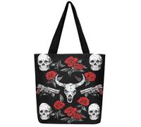 Loussiesd Cow Skull Canvas Tote Bags for Women Gifts Gothic Skull Skeleton Large Capacity Shoulder Handbags Travel Beach Bag Rose Gun Reusable Grocery Bag for Shopping Gym Western