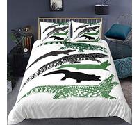 Loussiesd Crocodile Bedding Set Single,Crocodile Family Friends Boys Decorative 2 Pieces :1 Duvet cover & 1 Pillow case,With Zipper Ties,Green Black Soft White,For Children Kids
