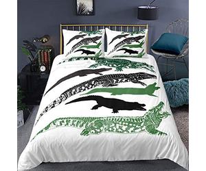 Loussiesd Crocodile Bedding Set Single,Crocodile Family Friends Boys Decorative 2 Pieces :1 Duvet cover & 1 Pillow case,With Zipper Ties,Green Black Soft White,For Children Kids