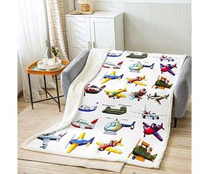 Loussiesd Cute Aircraft Sherpa Blanket Boys Children Kids Fighter Flight Helicopter Plush Blanket Various Airplane Fleece Throw Blanket Cartoon Aviation Fuzzy Blanket for Sofa Bed,Single 50x60 Inch