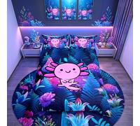 Loussiesd Cute Axolotl Bedding Set for Kids Boys Double Bedroom Cartoon Salamander Bed Duvet Cover Set,Mushroom Leaves Comforter Cover Purple Pink Blue Decor 3 Pieces 1 Duvet Cover