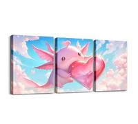Loussiesd Cute Axolotl Canvas Wall Art for Kids Sealife Wall Decor Bedroom Bathroom Wall Decor Cartoon Axolotl Paintings Love Heart Pictures Artwork Office Hang Pictures Home Decor 40X30cm 3 Piece