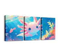 Loussiesd Cute Axolotl Canvas Wall Art Kids Bedroom Wall Decor For Living Room Office Wall Decor Ocean Sealife Painting Framed Wall Pictures 3 Piece 40X30cm Ready To Hang for Bathroom Home Decor