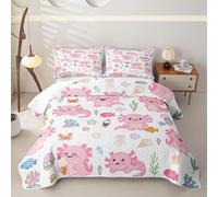Loussiesd Cute Axolotl Quilted Bedspread for Double Size Bed Cartoon Salamander Bedspread Bed Summer Comforter Kawaii Ocean Sealife Coverlet All Season 3 Pieces (1 Quilt, 2 Pillowcases) Bedding Set