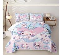 Loussiesd Cute Axolotl Quilted Bedspread for King Bed Cartoon Salamander Bedspread Bed Summer Lightweight Comforter Kawaii Ocean Sealife Coverlet All Season 3 Pieces (1 Quilt, 2 Pillowcases)
