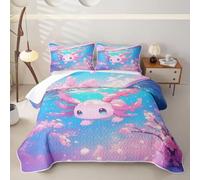 Loussiesd Cute Axolotl Quilted Bedspread for Single Size Bed Pink Blossom Flowers Pattern Bedspread Soft Bed Summer Comforter Cartoon Salamander Coverlet All Season 2 Pieces (1 Quilt, 1 Pillowcase)