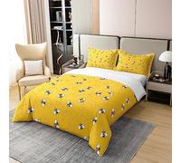 Loussiesd Cute Bees Cotton Duvet Cover Set Set King Size, Cartoon Bee and Flowers Comforter, Nature Spring Garden Bee Decorative Cotton Duvet Cover Set for Kids Girls Boys Yellow Black Duvet Set