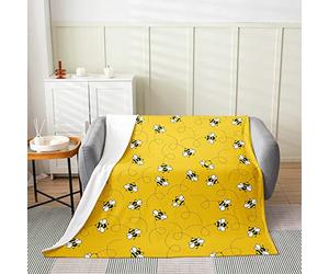 Loussiesd Cute Bees Throw Blanket, Cartoon Bee and Flowers Flannel Fleece Blanket, Nature Spring Garden Beeative Plush Blanket for Kids Girls Boys Yellow Black Fuzzy Blanket 40x50 Inch