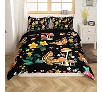 Loussiesd Cute Black Mushroom Decor Duvet Cover Set Double Size For Kids Boys Girls Teens Death Moth Bedding Set Kawaii Fungus Comforter Cover with 2 Pillowcases Floral Print Beds Set