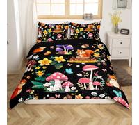 Loussiesd Cute Black Mushroom Decor Duvet Cover Set Double Size For Kids Boys Girls Teens Wild Mushroom stuff Bedding Set Kawaii Animals Comforter Cover with 2 Pillowcases Floral Print Beds Set