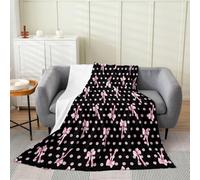 Loussiesd Cute Black Pink Bow Flannel Fleece Throw Blanket Ribbon Polka Dots Bow Throw 40x50Inch Girly Princess Bowknot Fleece Throw Blanket Kids Women Men for Couch Chair Living Room Bedroom Decor