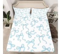 Loussiesd Cute Blue Bow Fitted Sheet Double Size for Kids Boys Girls Girly Ribbon Bow Bed Sheets Set 16" Deep Pocket Soft Microfiber Kawaii Princess Bowknot Bedding with 2 Pillowcases Room Decor