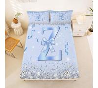 Loussiesd Cute Blue Bow Fitted Sheet with 2 Pillowcases King Size Glitter Diamond Bed Sheets Set 16" Deep Pocket Girls Personalized Initial S Bedding Teens Bedroom Decor Soft Lightweight Microfiber