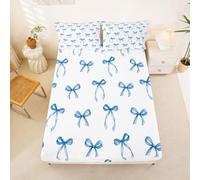 Loussiesd Cute Blue Bow Fitted Sheet with 2 Pillowcases King Size Kawaii Bowknot Bed Sheets Set 16" Deep Pocket Girls Princess Style Bow-Tie Bedding Teens Bedroom Decor Soft Lightweight Microfiber