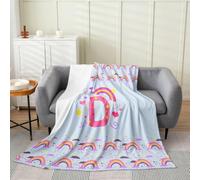 Loussiesd Cute Blue Rainbow Flannel Fleece Throw Blanket Personalized Initial D Double 60x79Inch Heart Fleece Throw Blanket for Kids Women Men Love for Bed Couch Chair Living Room Bedroom Decor