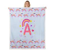 Loussiesd Cute Blue Rainbow Sherpa Blanket Plush Fuzzy Personalized Initial A Fleece Throw Blanket Boys Girls Heart for Bed Couch Chair Living Room Love Bedroom Decor Kawaii Queen 90x90Inch