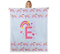 Loussiesd Cute Blue Rainbow Sherpa Blanket Plush Fuzzy Personalized Initial E Fleece Throw Blanket Boys Girls Heart for Bed Couch Chair Living Room Love Bedroom Decor Kawaii Queen 90x90Inch