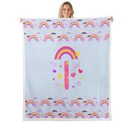 Loussiesd Cute Blue Rainbow Sherpa Blanket Plush Fuzzy Personalized Initial I Fleece Throw Blanket Boys Girls Heart for Bed Couch Chair Living Room Love Bedroom Decor Kawaii Queen 90x90Inch