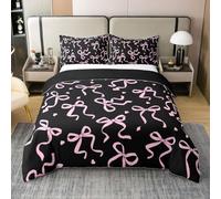 Loussiesd Cute Bow Duvet Cover 100% Cotton Double Size Girly Ribbon Black Pink Bow Comforter Cover for Boys Girls Kawaii Princess Bowknot Bedding Set 3Pcs Room Decor