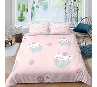 Loussiesd Cute Cat Duvet Cover White Cat In Cupcake Comforter Cover Strawberry Bedding Set For Kids Adults Pink Bedspread Cover Ultra Soft Room Decor Single Size Bedclothes Zipper