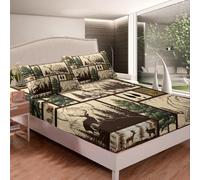 Loussiesd Cute Deer Bedding Set Double Size Bear Fitted Sheet Children Moose Wild Animal Rustic Cabin Country Tree Mountain Bed Sheet Set Room Decor Brown Plaid Deep Pocket(No Top Sheet) 3Pcs