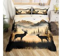 Loussiesd Cute Deer Bedding Set Soft for Boys Girls, Deer Hunting Duvet Cover King Size Mountain Comforter Cover Microfiber Foggy Mountain Bedroom Decor 3Pcs with 2 Pillow Cases
