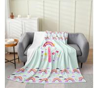 Loussiesd Cute Green Rainbow Plush Throw Blanket Personalized Initial I Flannel Blanket 40x50Inch Heart All Season Love for Couch Bed Sofa Kawaii Bedroom Decor