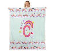 Loussiesd Cute Green Rainbow Sherpa Blanket Plush Fuzzy Personalized Initial C Fleece Throw Blanket Boys Girls Heart for Bed Couch Chair Living Room Love Bedroom Decor Kawaii Queen 90x90Inch
