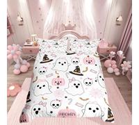 Loussiesd Cute Halloween Single Size Bedding Set Decoration Teens Adults Pumpkin Ghost Kawaii Duvet Cover Kids Autumn Happy Pink Quilt Cover Soft and Lightweight