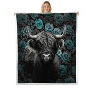 Loussiesd Cute Highland Cow Sherpa Throw Blanket for Couch Highland Cattle Super Soft Cozy Fleece Cartoon Floral Flower Blanket for Winter, Plush Throw Western Farmhouse Baby 30x40Inch All Season