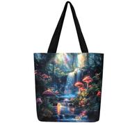 Loussiesd Cute Mushroom Canvas Tote Bags for Women Gifts Mushrooms Tree Large Capacity Shoulder Handbags Travel Beach Bag Waterfall Dreamy Reusable Grocery Bag for Shopping Gym Nature Landscape