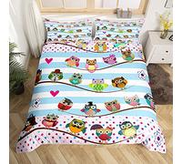 Loussiesd Cute Owl Bedding Set Single 3D Animal Printed Duvet Cover Set for Kids Colorful Cartoon Owls Design Beds Set Funny Bird Decor Pink Blue Bedroom Decor 2pcs