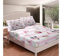Loussiesd Cute Panda Bedding Set for Girls Kids Children Cartoon Animal Pattern Bed Sheet Set Decorative Lovely Rabbit Panda Bear Printed Fitted Sheet Pink Stripe Bed Cover King Size 3Pcs